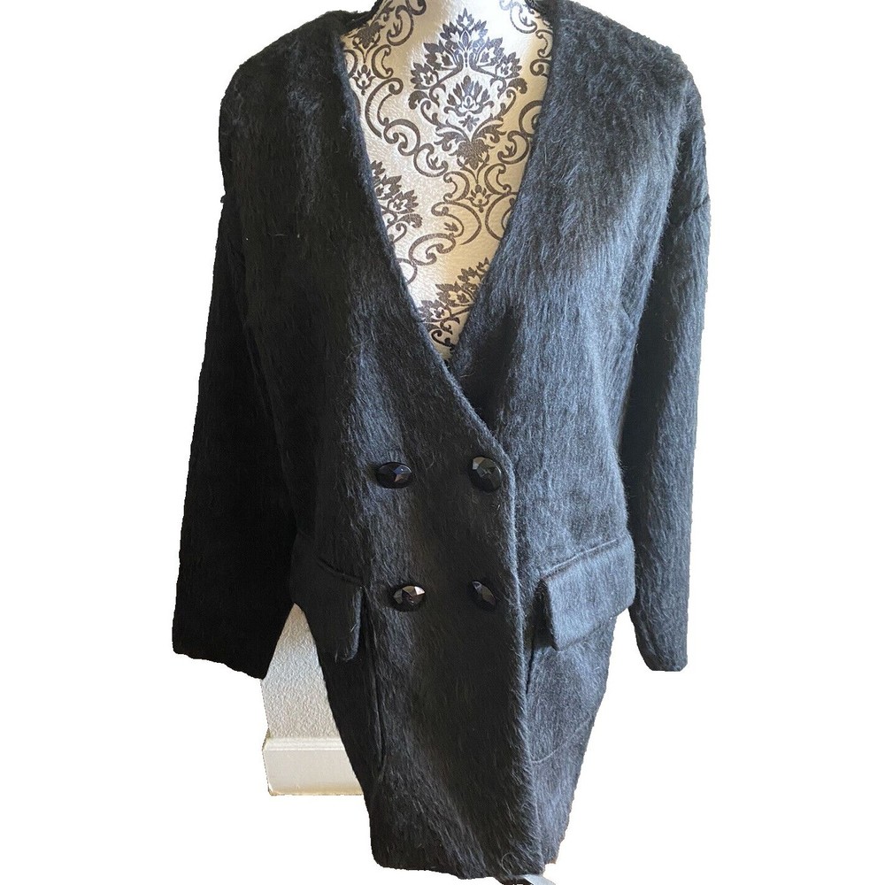 NWT Maxwell Studio Large Coat Black Eyelash Faux Fur Lined Button Front L Jacket